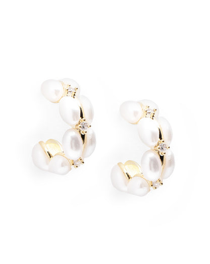 Gold Plated CZ Pearl Half Hoop Earring