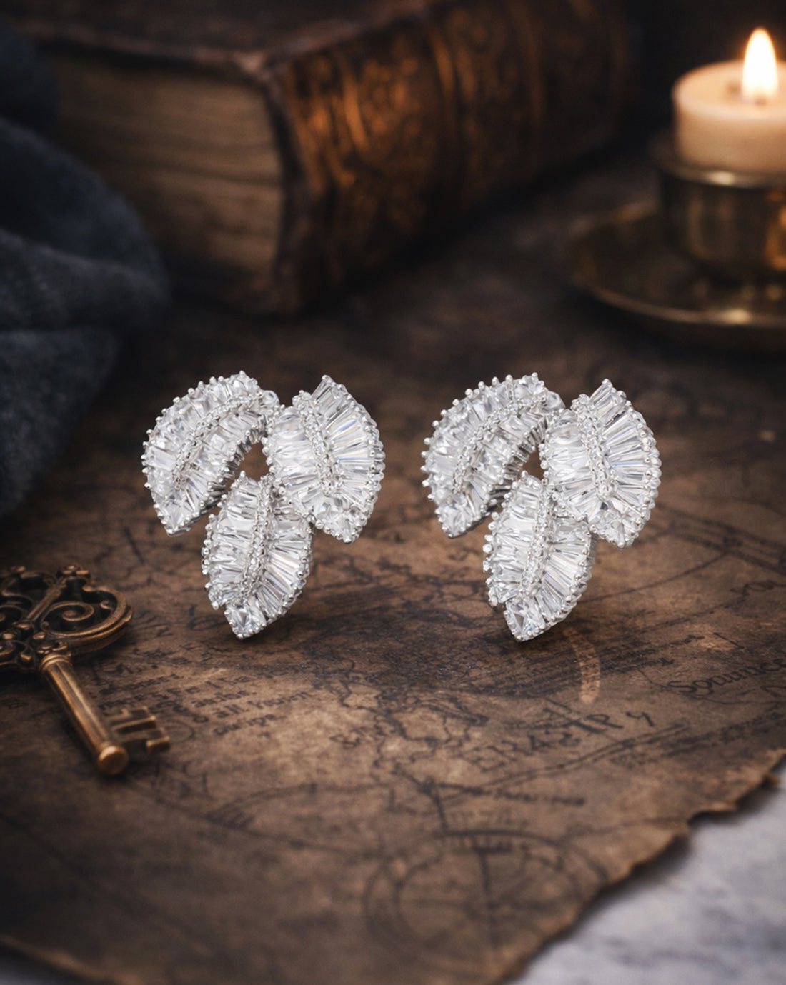 Premium Silver-Plated CZ Layered Leaf Bold Stud Earrings