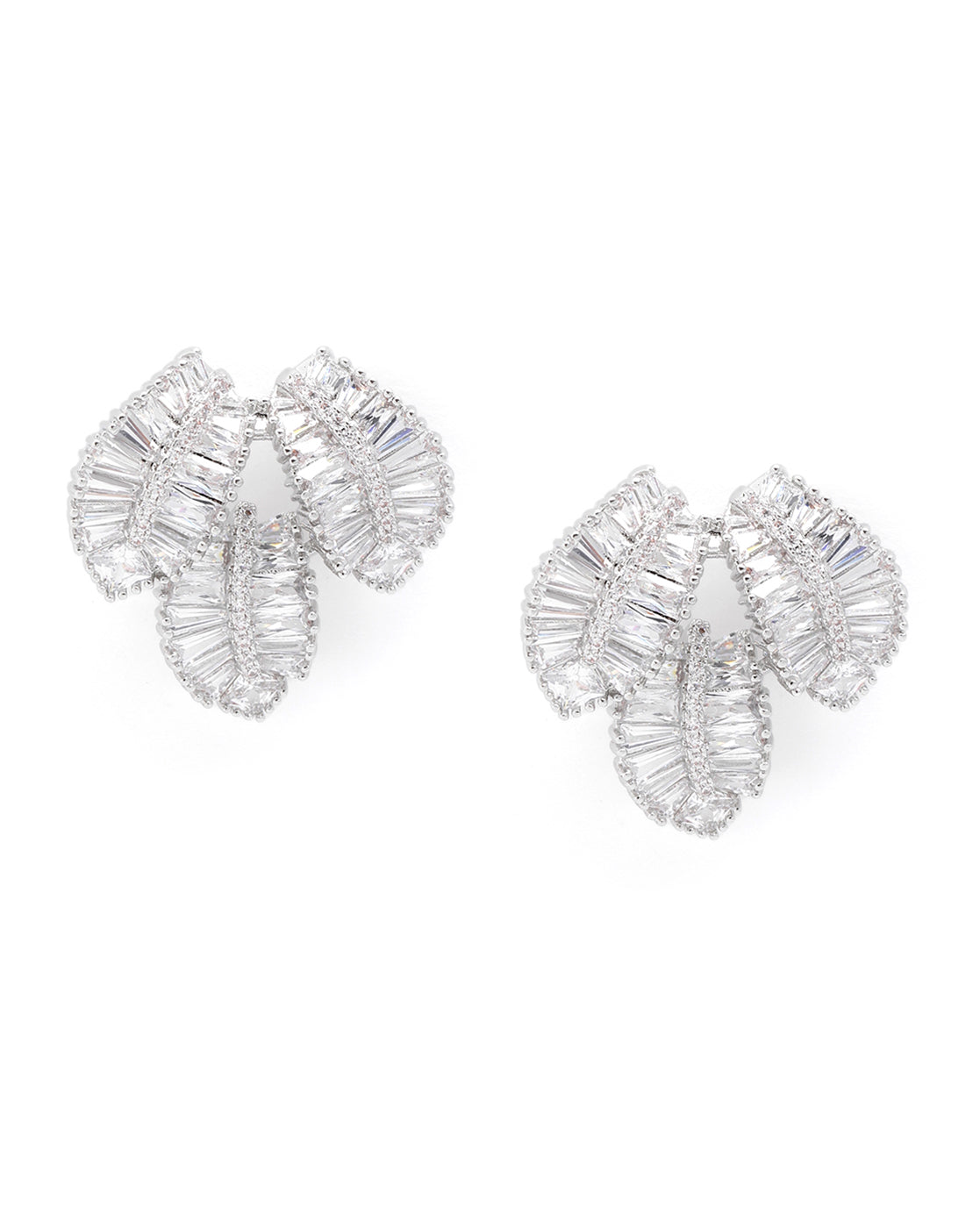 Premium Silver-Plated CZ Layered Leaf Bold Stud Earrings