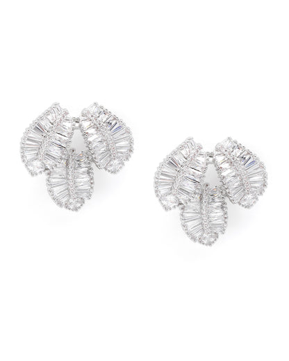 Premium Silver-Plated CZ Layered Leaf Bold Stud Earrings