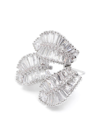 Premium Silver-Plated CZ Layered Leaf Bold Stud Earrings