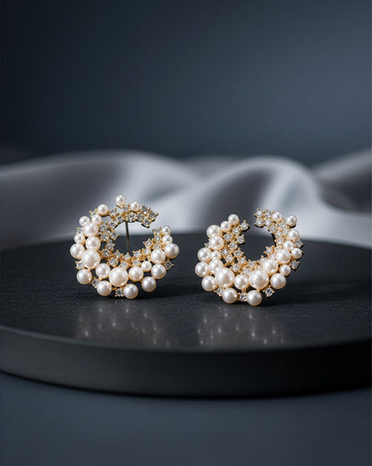 Gold-Plated Pearl &amp; CZ Embellished Bold Hoops Earrings