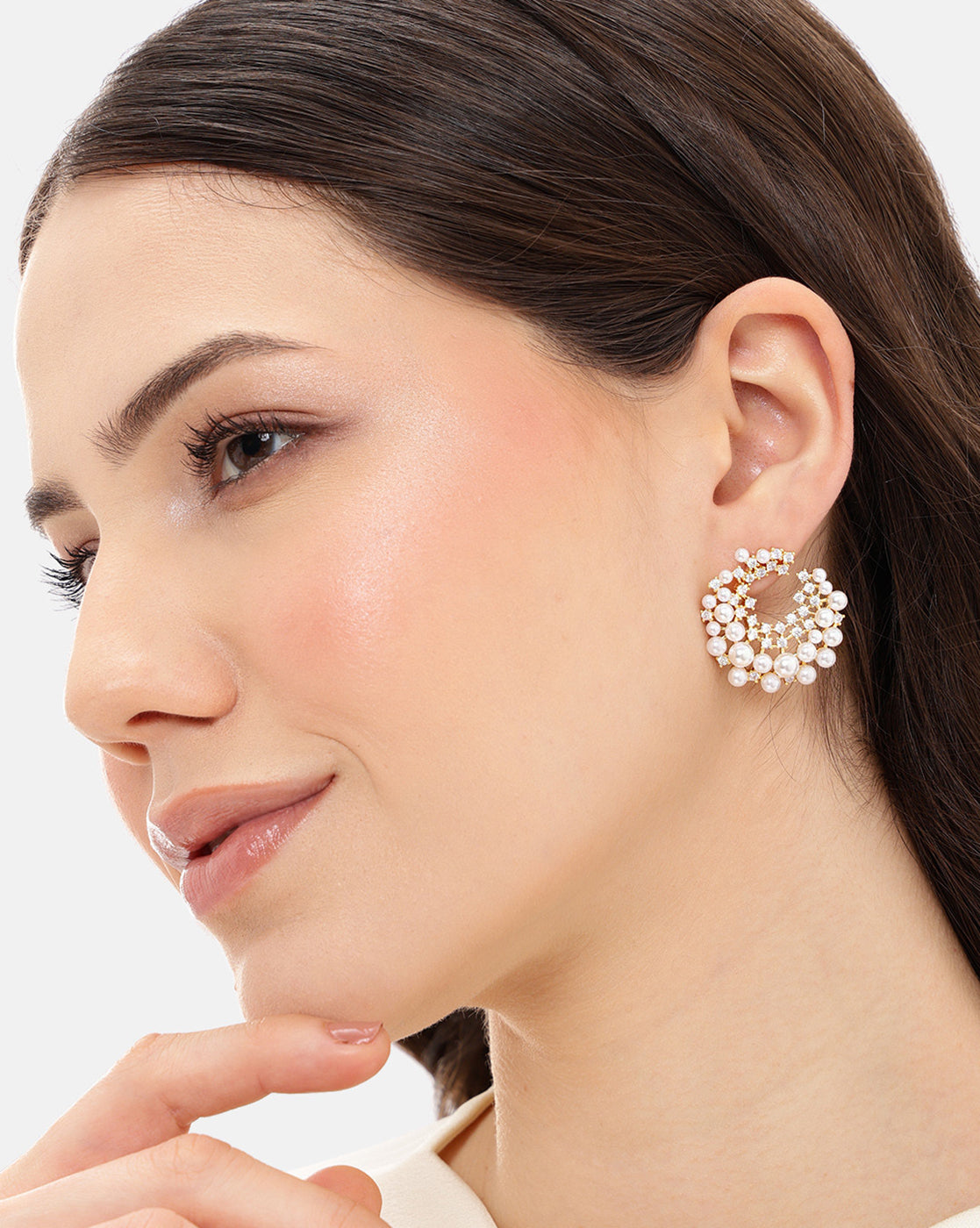 Gold-Plated Pearl &amp; CZ Embellished Bold Hoops Earrings