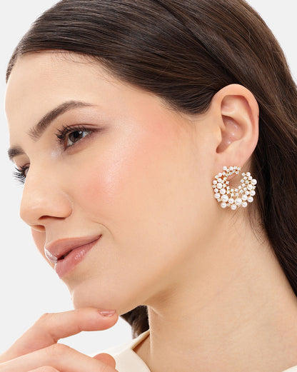 Gold-Plated Pearl &amp; CZ Embellished Bold Hoops Earrings