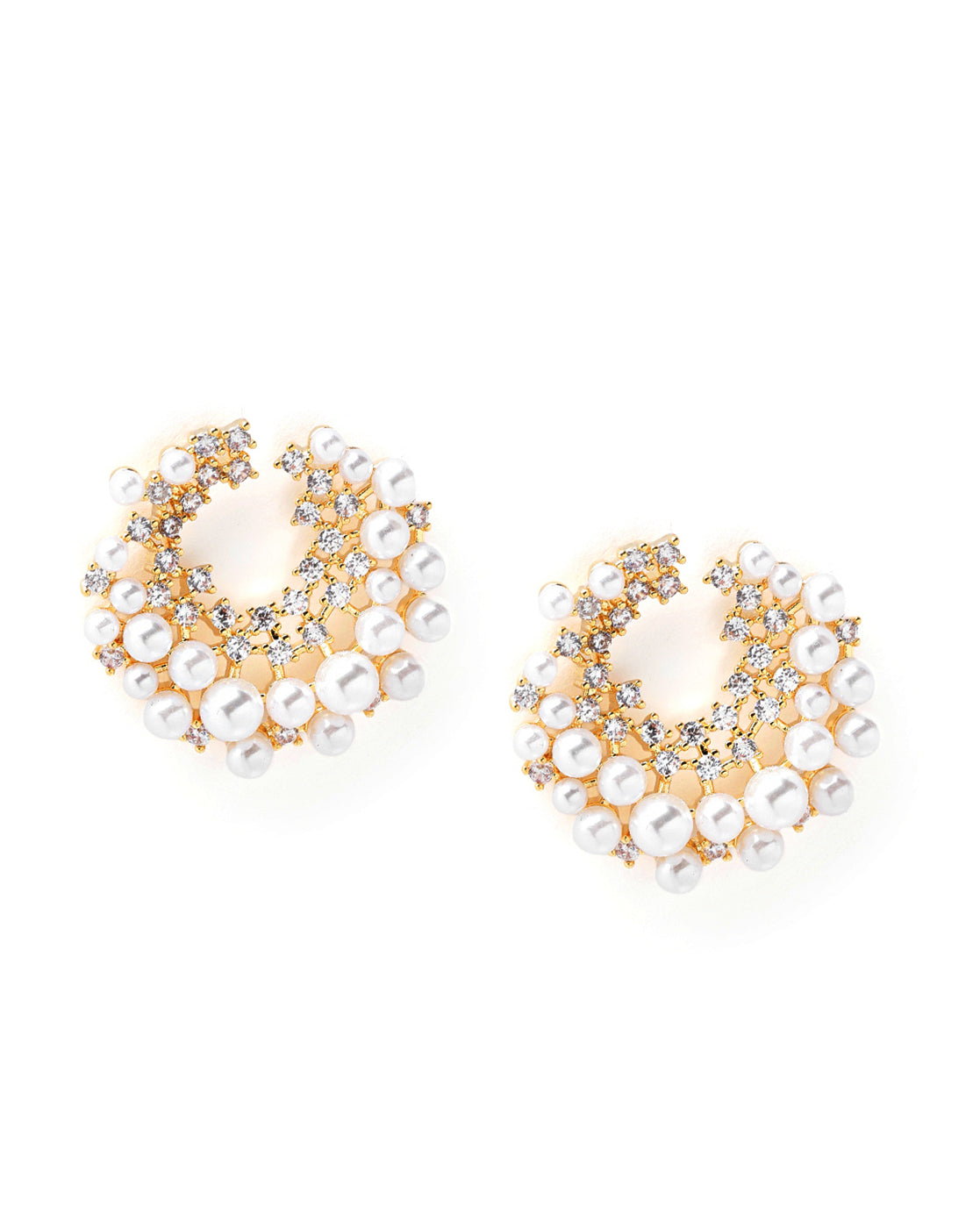 Gold-Plated Pearl &amp; CZ Embellished Bold Hoops Earrings