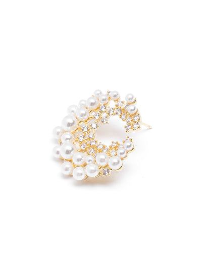 Gold-Plated Pearl &amp; CZ Embellished Bold Hoops Earrings