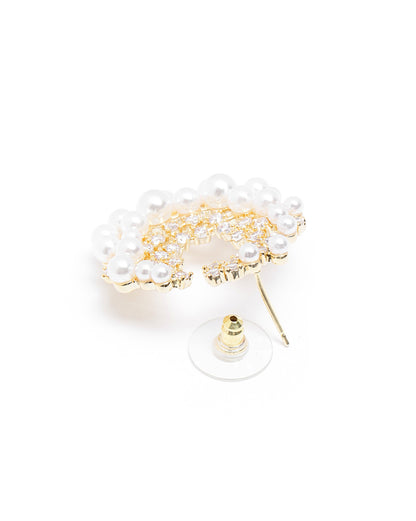 Gold-Plated Pearl &amp; CZ Embellished Bold Hoops Earrings