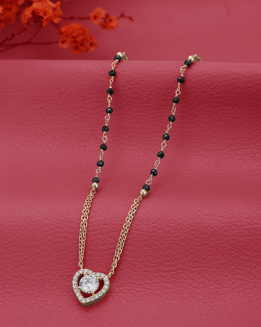 18kt Rose Gold Plated CZ Heart Pendant Double Chain Mangalsutra