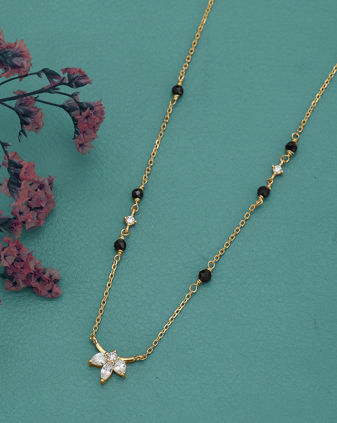 18kt Gold Plated CZ Floral Pendant Mangalsutra