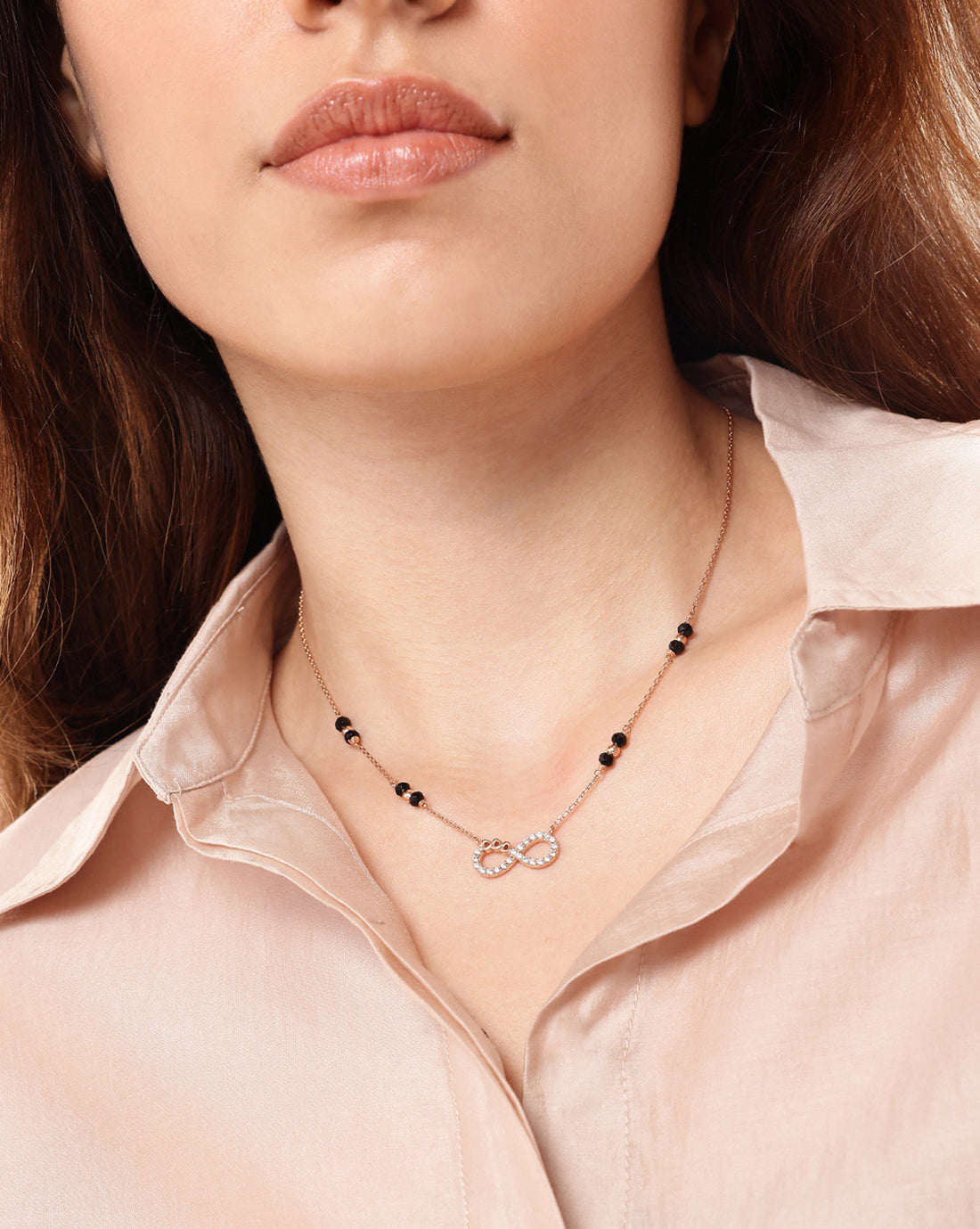18kt Rose Gold Plated CZ and Black Bead Infinity Mangalsutra