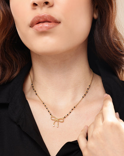 18kt Gold Plated CZ and Black Bead with BOW Mangalsutra