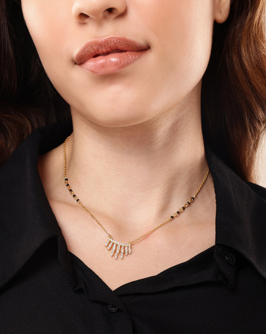 18kt Gold Plated CZ and Black Bead Waterfall Mangalsutra