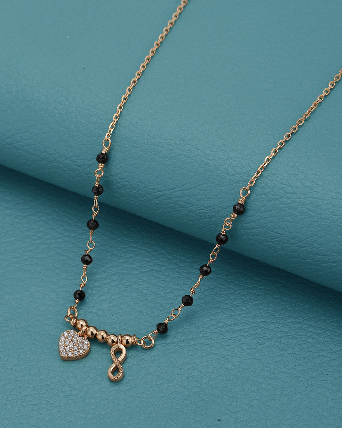 18kt Rose Gold Plated CZ  Black Bead Infinity Heart  Mangalsutra