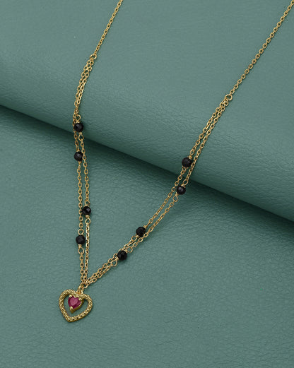 18kt Gold Plated Synthetic Ruby Heart Pendant Double Chain Mangalsutra