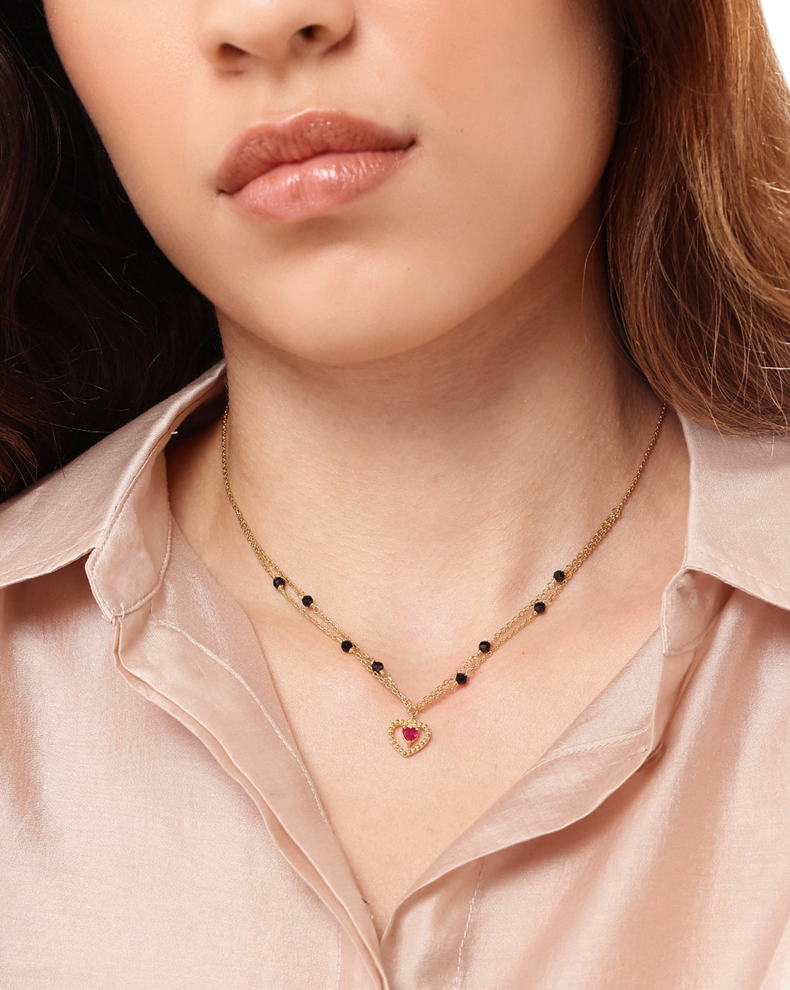 18kt Gold Plated Synthetic Ruby Heart Pendant Double Chain Mangalsutra