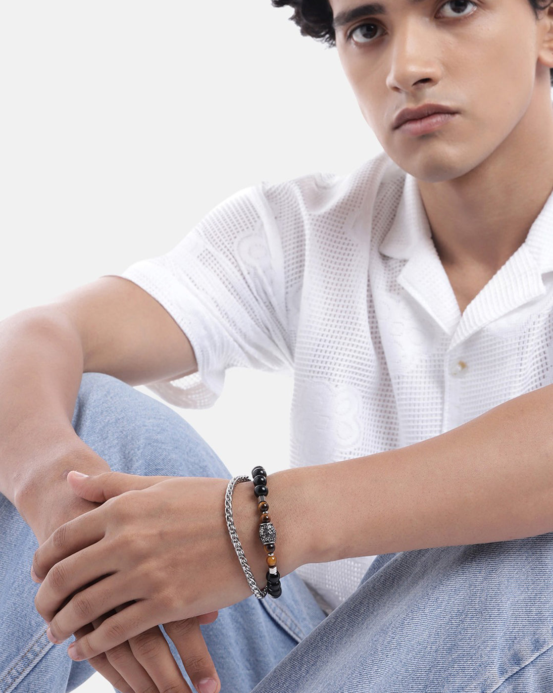 Silver Plated with Bead Double Chain Bracelet for men