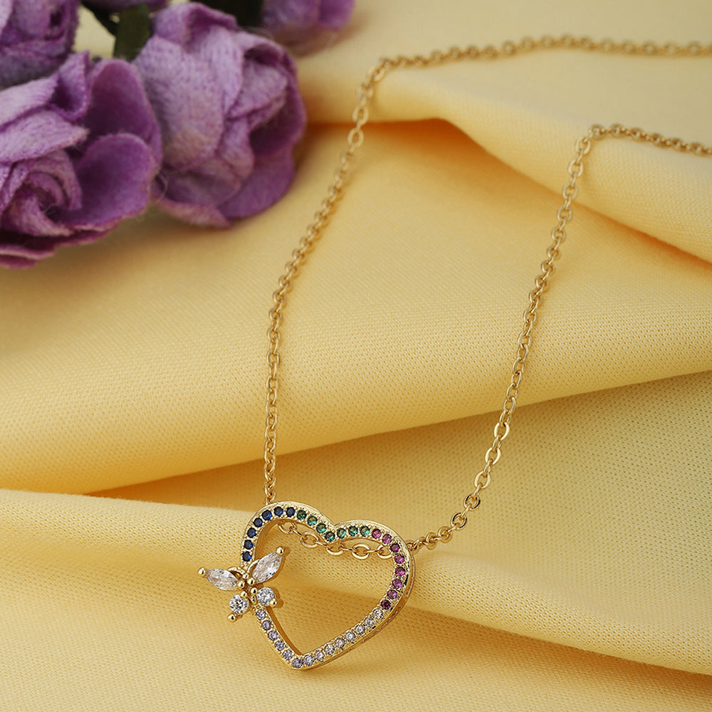 Carlton London Gold-Toned &amp; Blue Brass Heart Shaped Stone Studded Necklace Fjn3343