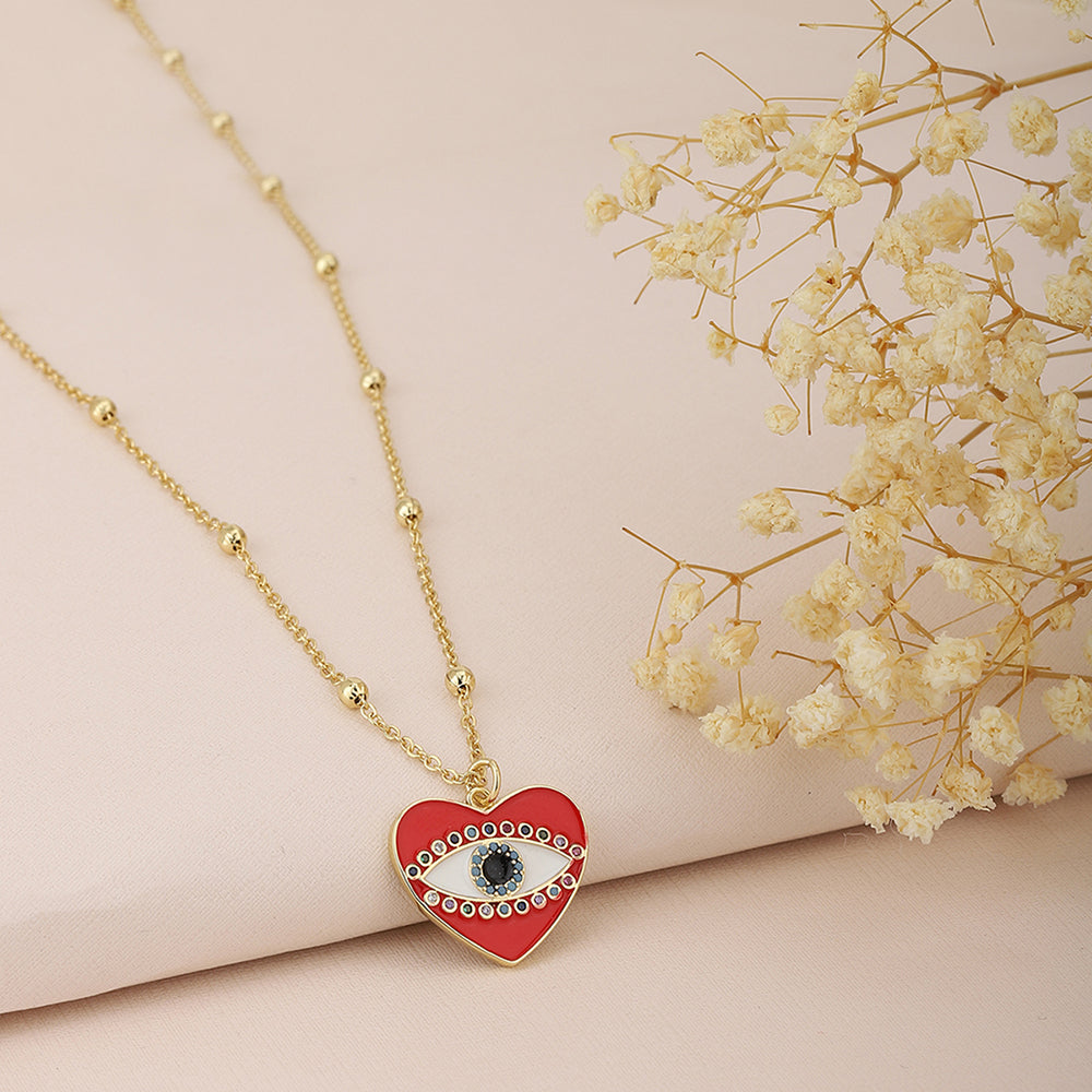 Carlton London Gold-Toned &amp; Red Brass Evil Eye Heart Shaped Stone Studded Necklace Fjn3352