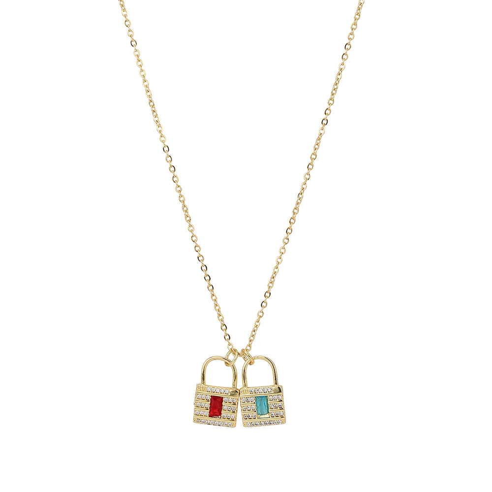 Carlton London Red &amp; Turquoise Blue Gold-Plated Cz-Studded Lock-Shaped Necklace Fjn3353