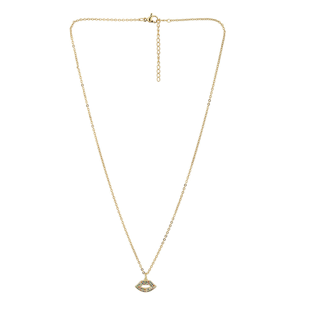 Carlton London Gold-Toned &amp; White Brass Lips Shaped Stone Studded Necklace Fjn3375