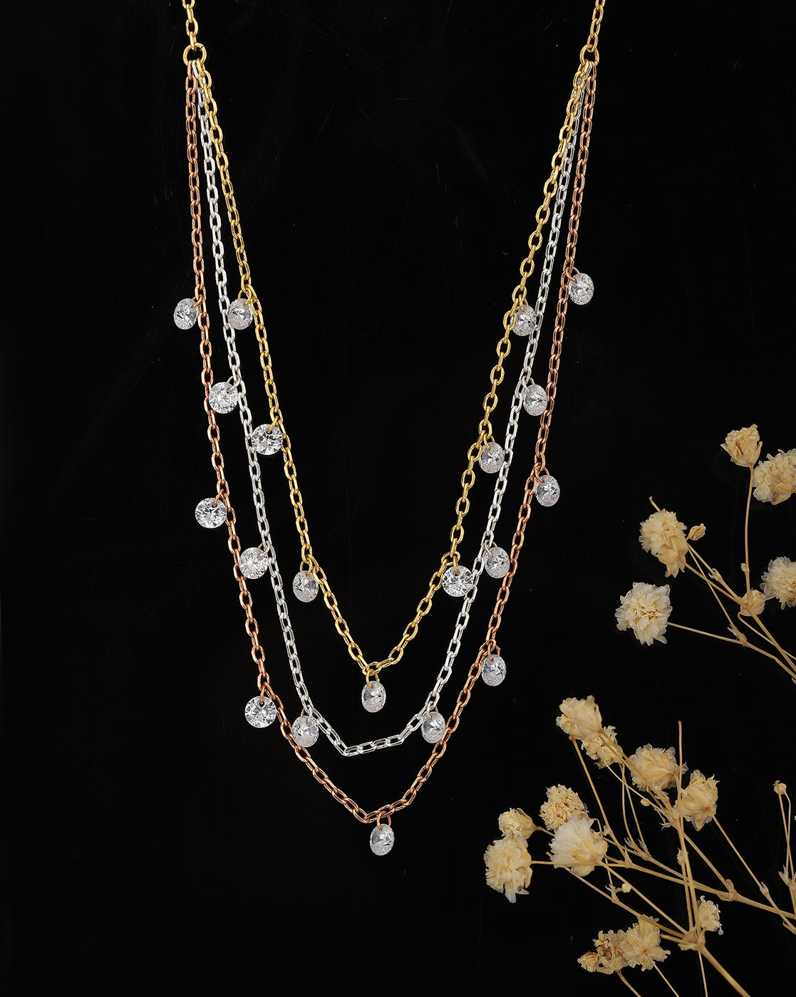 Carlton London Dangling Solitaire With Gold Rose Gold And Silver Embalished Layered Necklace