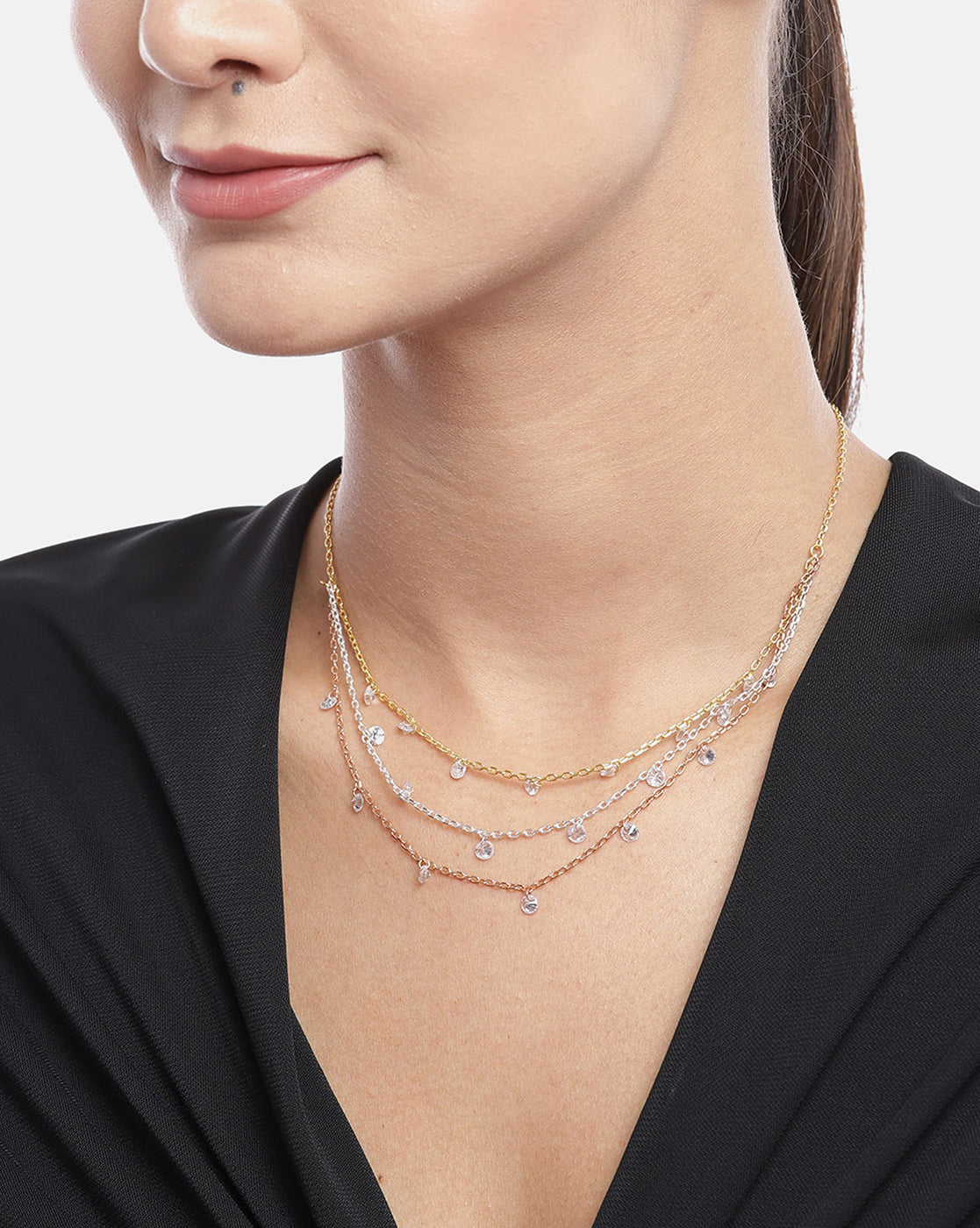 Carlton London Dangling Solitaire With Gold Rose Gold And Silver Embalished Layered Necklace