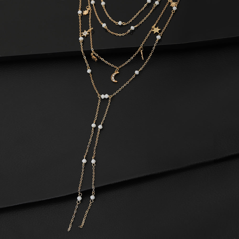 Carlton London Rose Gold Toned &amp; White Cz Studded Charm Multi Layered Necklace Fjn3868
