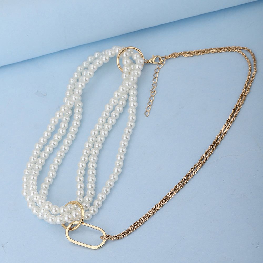 Carlton London Rose Gold Toned &amp; White with Pearl Rose Gold Plated Multilayered Necklace FJN3888