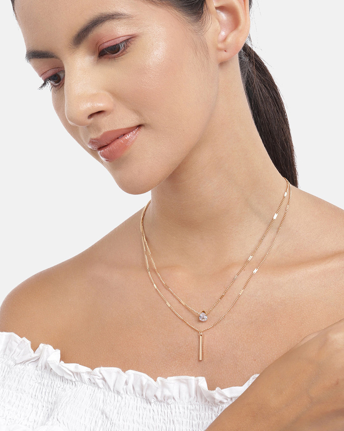 Set Of Rose Gold Plated With Cz Bar Unique Pendant With Chain