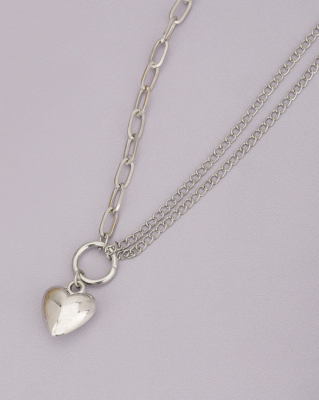 Double Chain With Dangling Heart And Rhodium Plated Necklace For Women