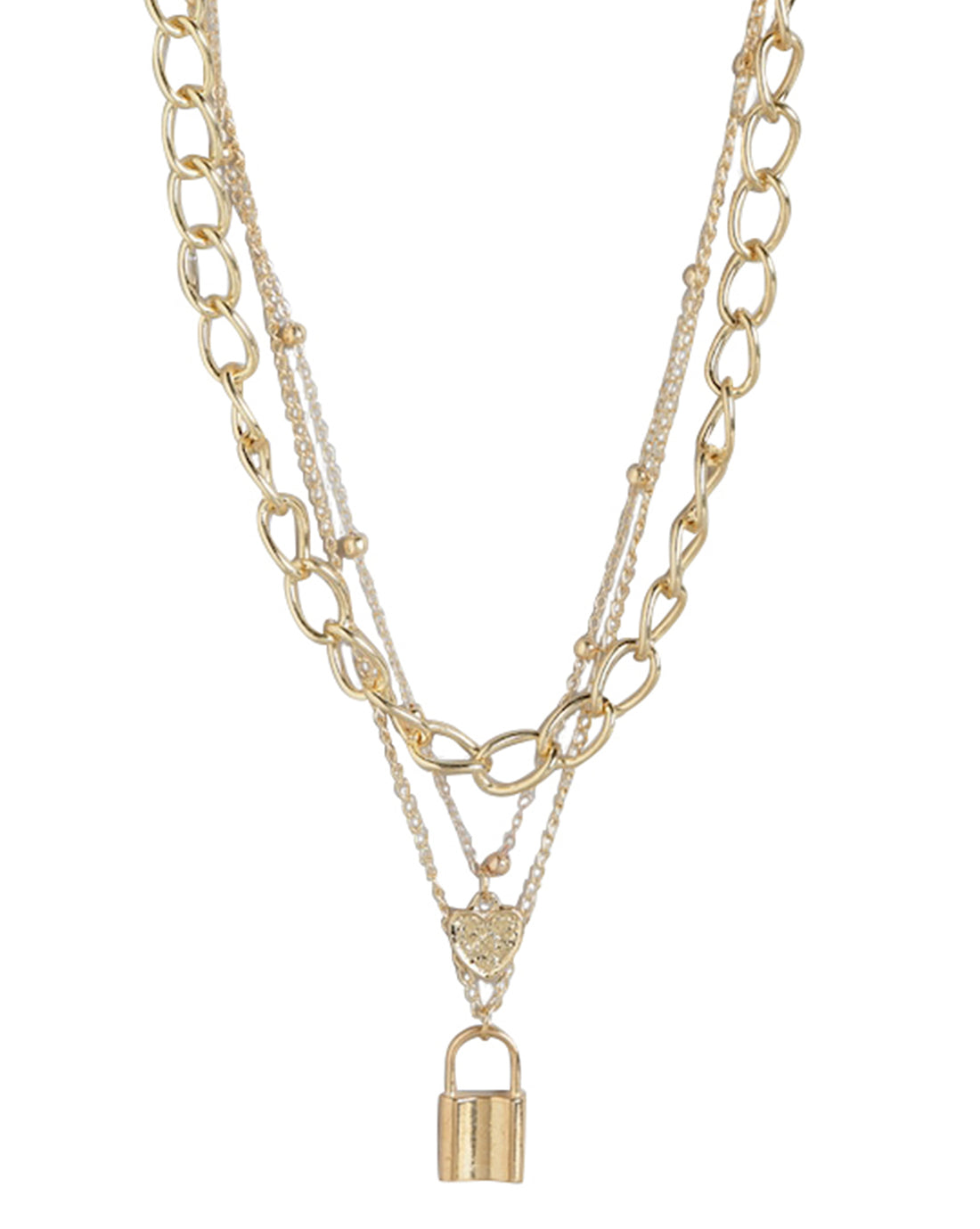 Gold Plated Triple Chain With Dangling Heart &amp; Lock Fashionable Necklace For Women