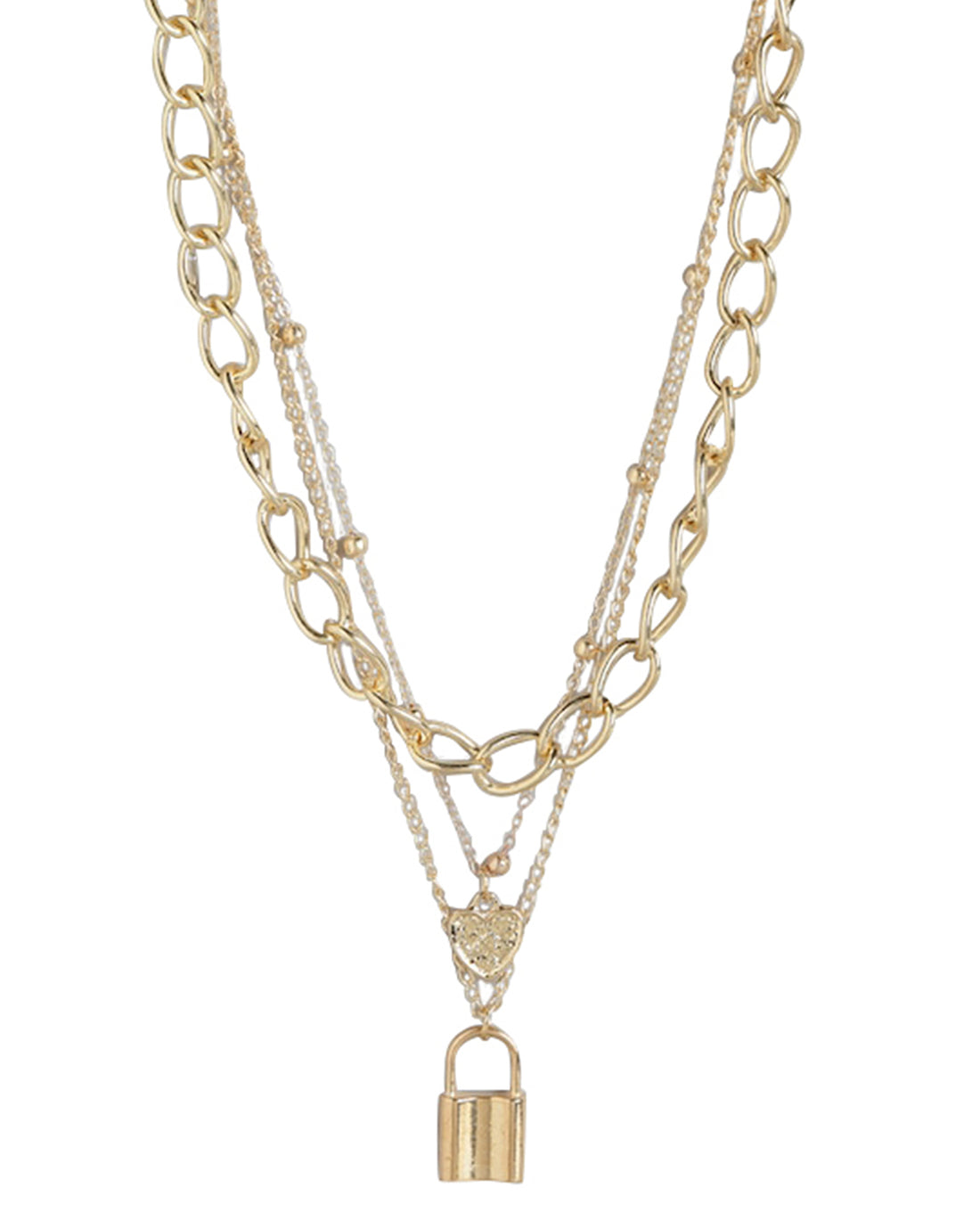 Gold Plated Triple Chain With Dangling Heart & Lock Fashionable Necklace For Women