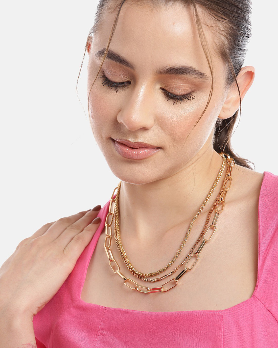 Set Of 3 Gold &amp; Rose Gold Plated Stylish Link Chain For Women Embellished