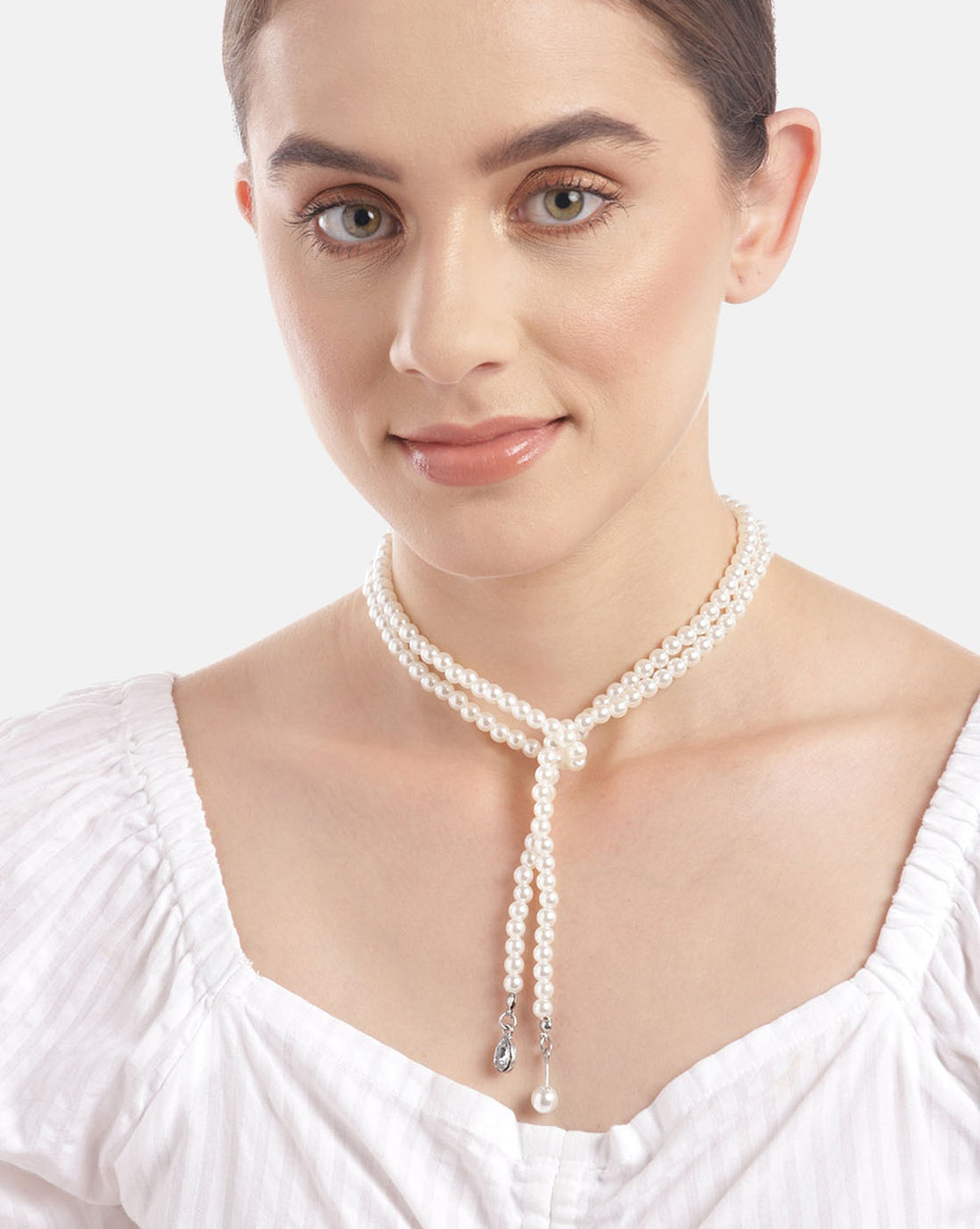 Rhodium Plated With Inline Pearl Stylish Lariat Necklace For Women