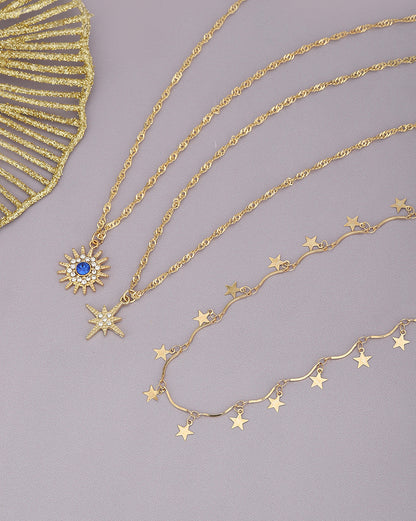 Gold Plated With Cz &amp; Dangling Star Set Of 3 Necklace For Women