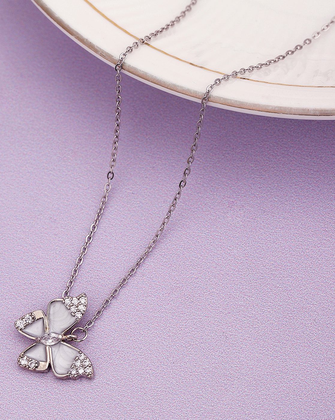 Cz With Butterfly And Silver Plated Fancy Necklace For Women