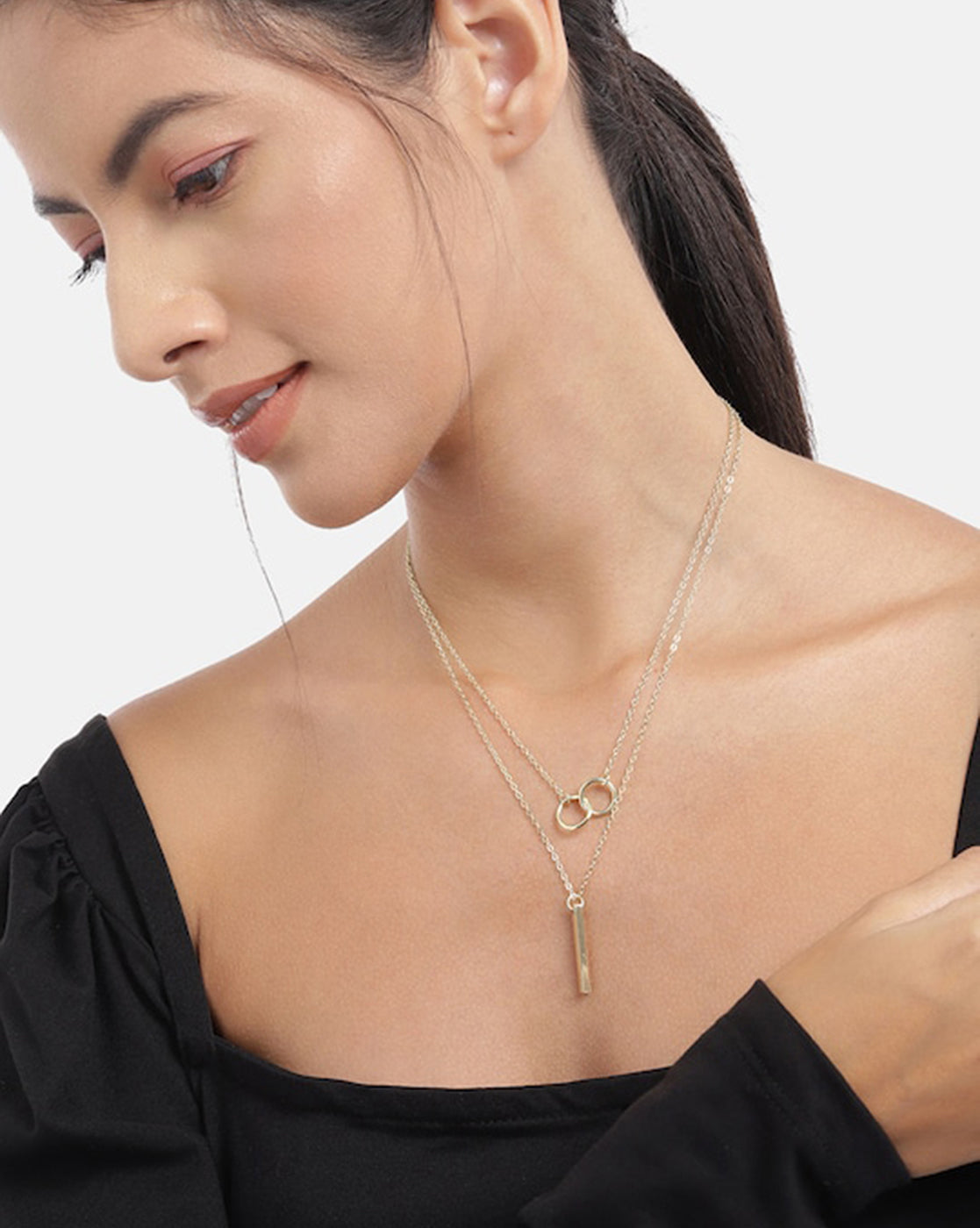 Gold Plated With Bar Double Chain Necklace For Women