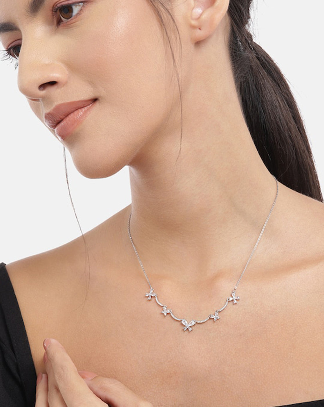 Cz With Floral And Rhodium Plated Necklace For Women