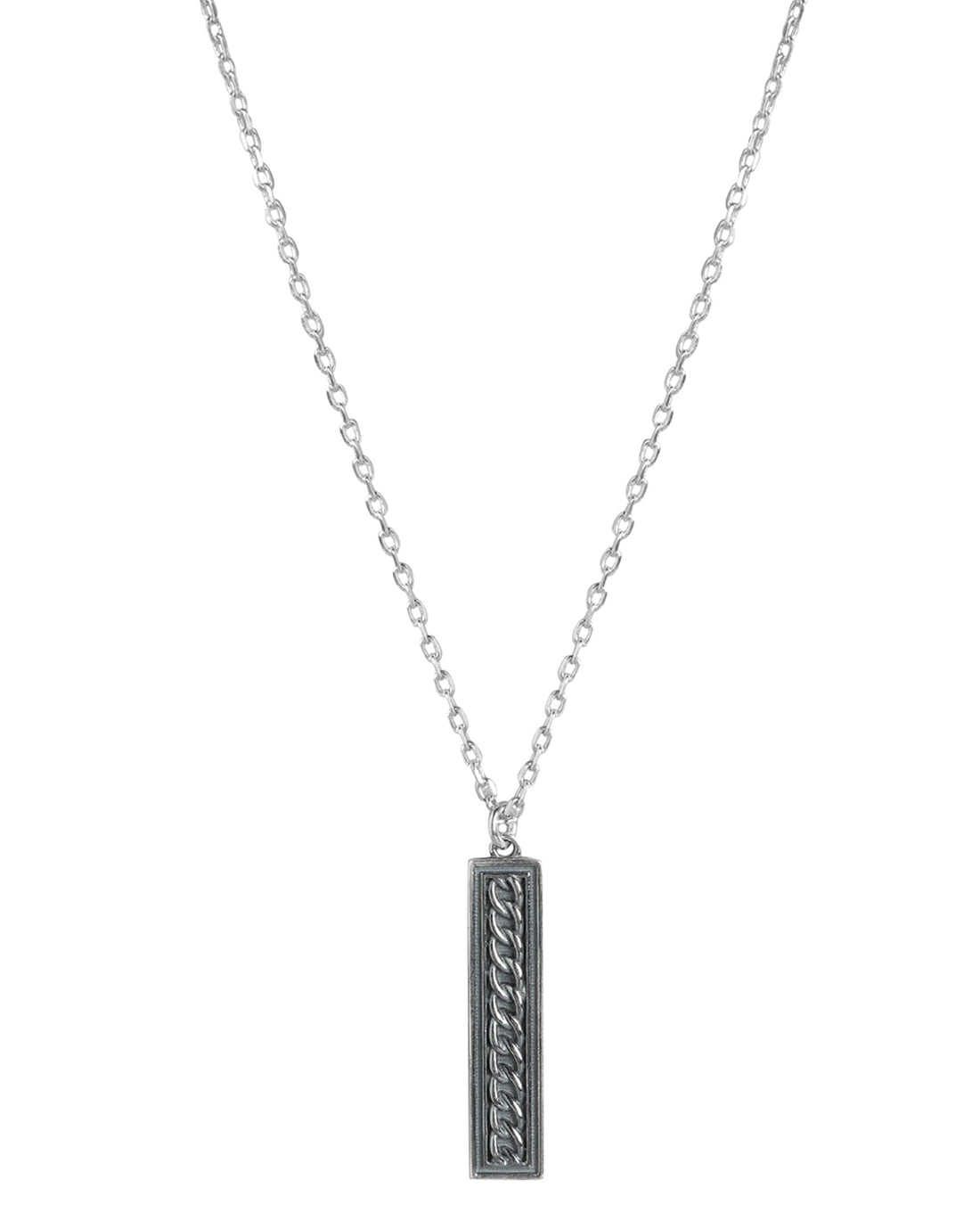 Rhodium Plated Oxidised Bar Pendant With Chain For Men