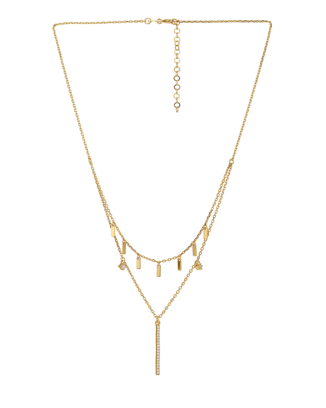 18Kt Gold Plated Layered Necklace With Dangling Bar &amp; Cz Double Row Chain