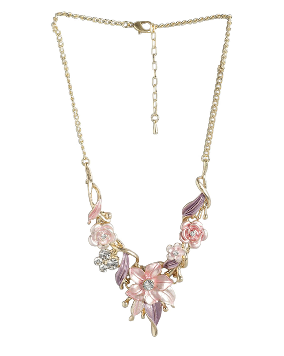 Gold Plated &amp; Cz Floral Enamel Necklace For Women