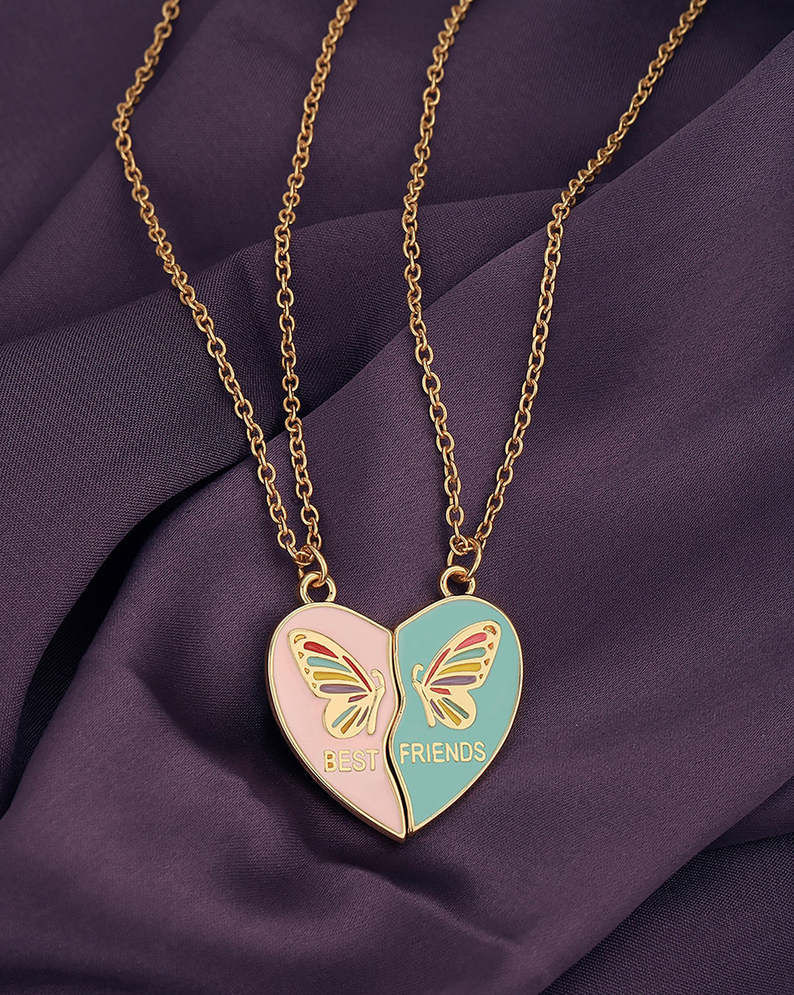Set of 2 Gold &amp; Rose Gold Plated Enamel Best Friend Heart Pendant with chain for friends