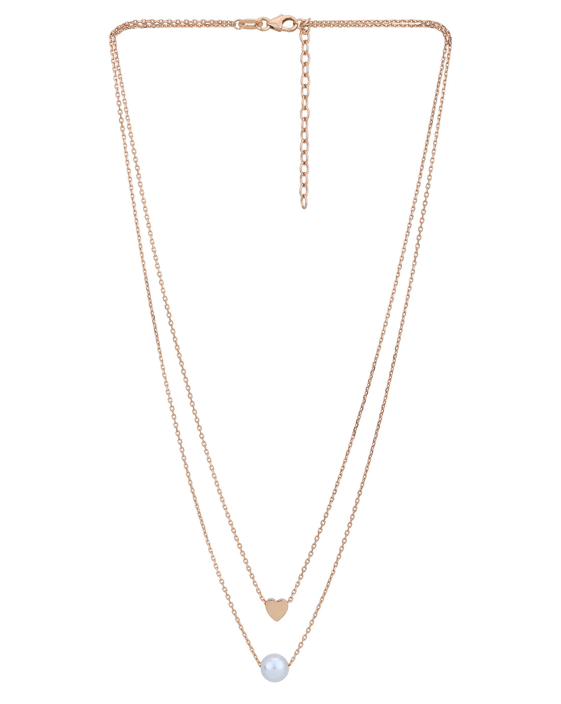 18kt Rose Gold Plated with Heart &amp; Pearl Double Chain Necklace for women