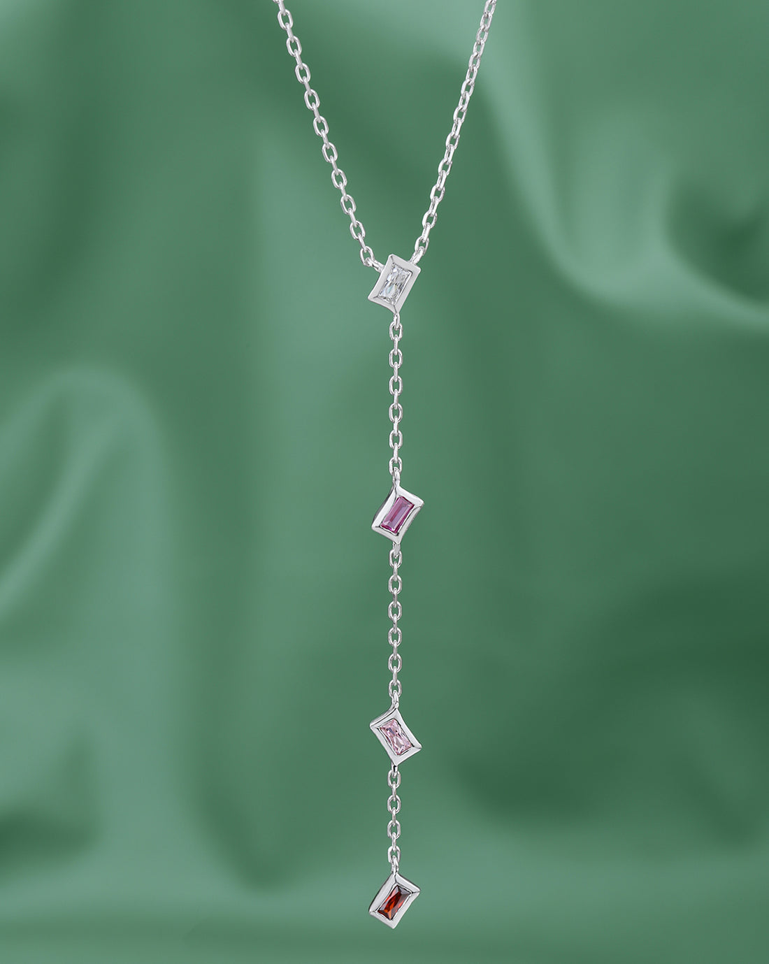 Rhodium Plated CZ Lariat Necklace