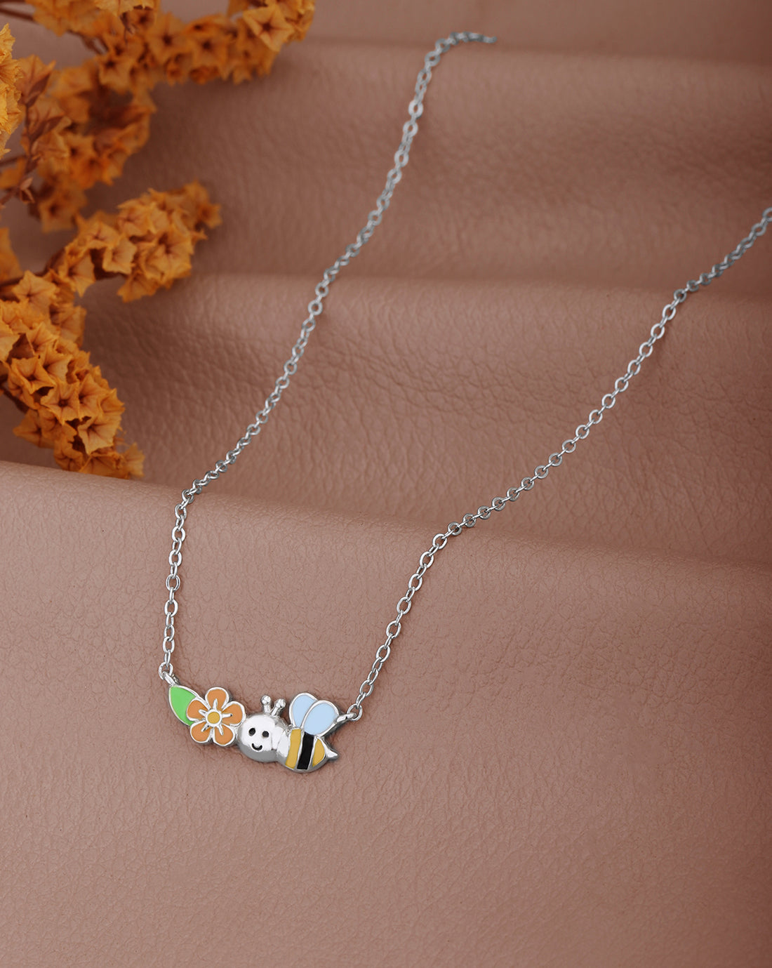 Rhodium Plated Floral Bee Enamel Necklace