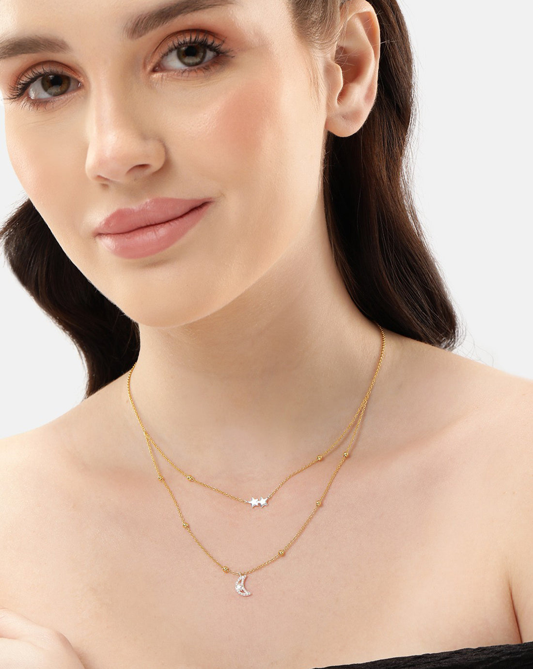 18kt Gold and Rhodium Plated Moon and Star Double Chain Necklace