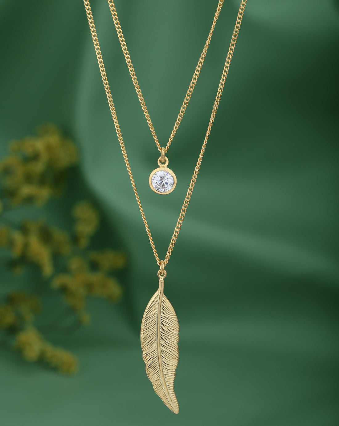 18kt Gold Plated CZ and Leaf Double Chain Necklace
