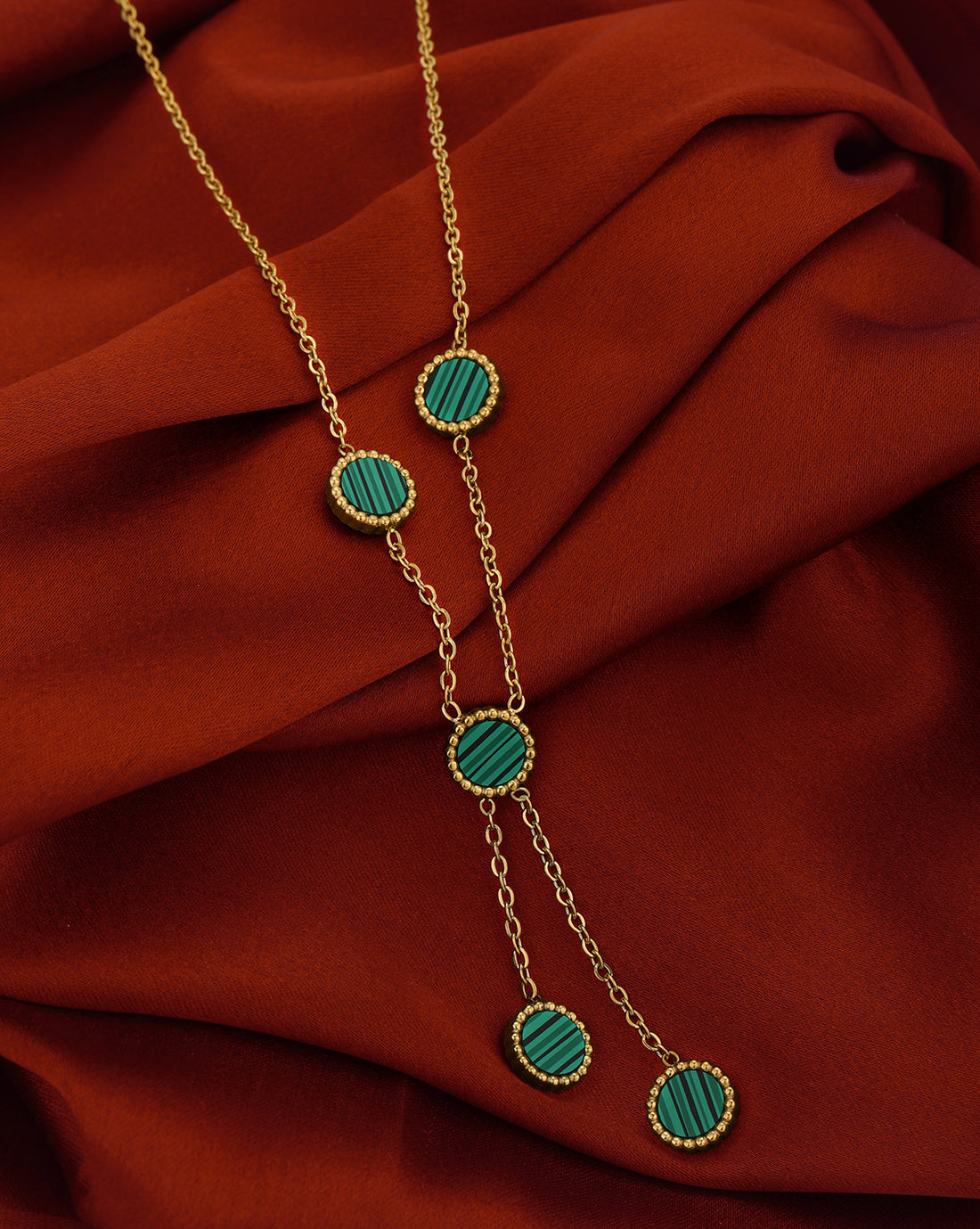 18kt Gold Plated Stainless Steel Green Malachite Lariat Necklace