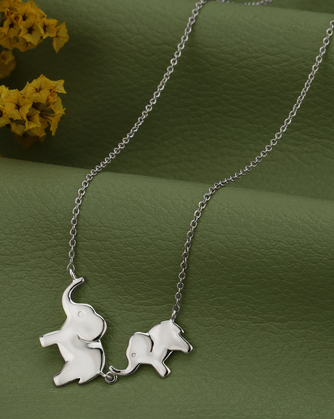 Rhodium Plated Mom & Baby Elephant Necklace