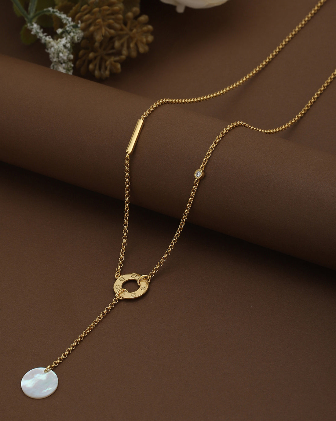 18kt Gold Plated CZ Dangling Shell Lariat Necklace